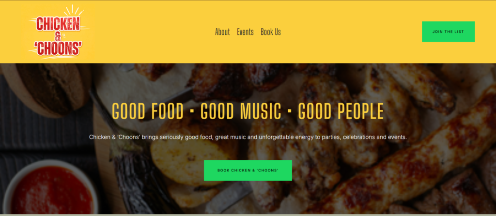Chicken & 'Choons' website homepage showing event booking call to action