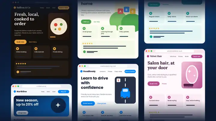 Examples of AI-assisted website designs for a restaurant, driving school, online store, hairdresser, childminder and cleaning company
